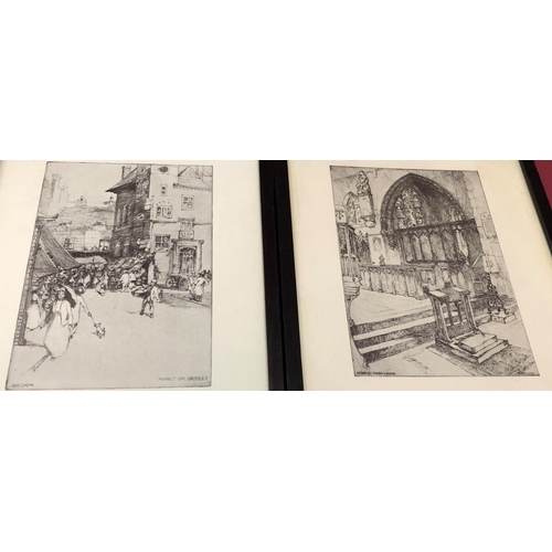 3233 - 8 black and white prints of villages, churches etc, all in matching black frames, Frames 20 x 27cm.