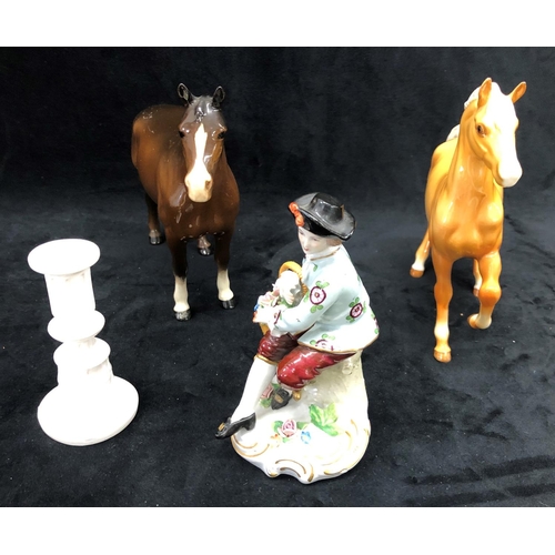 3244 - A dark brown Beswick horse and a lighter Beswick horse (1 leg glued together), a Sitzendorf figure o... 