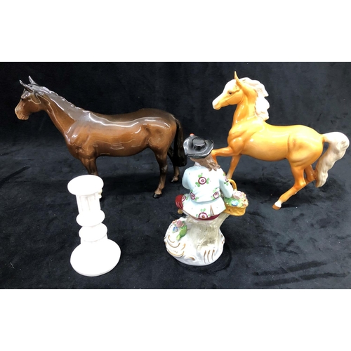 3244 - A dark brown Beswick horse and a lighter Beswick horse (1 leg glued together), a Sitzendorf figure o... 