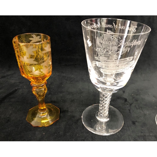 3245 - A yellow tinted small wine glass with frosted leaf decoration, 15.5cm high, a limited edition 350th ... 