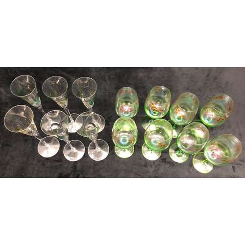 3263 - A set of 6 tall champagne glasses with silver and green pattern, 28.5cm high and 8 tall wine glasses... 