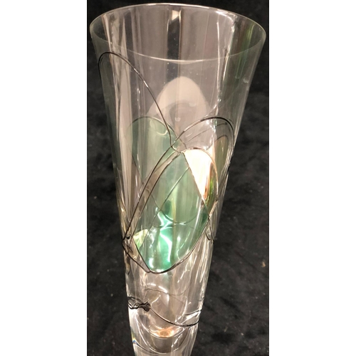 3263 - A set of 6 tall champagne glasses with silver and green pattern, 28.5cm high and 8 tall wine glasses... 