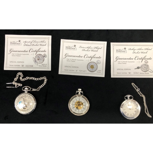 3288 - 5 modern Heritage Special Edition silver plated pocket watches, all boxed and with certificates.