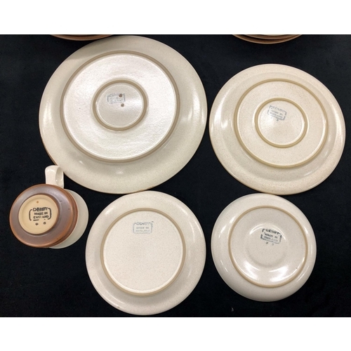 3199 - A Denby part service with brown rim, 7 large plates,  6 smaller plates, 5 side plates, 2 cups, 6 sau... 