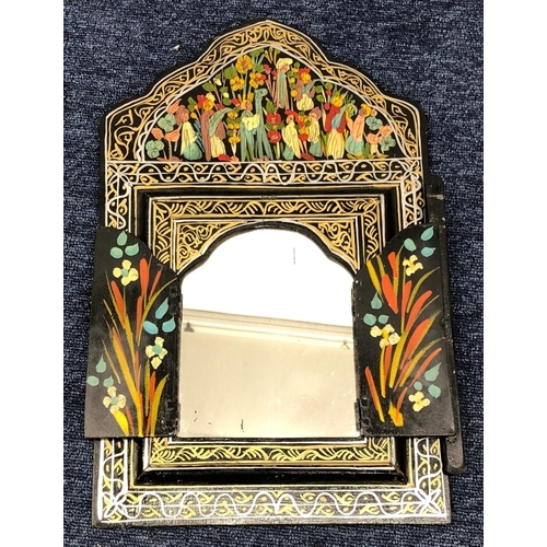 3209 - A hand painted Indian wooden framed wall mirror in form of a window with shutters enclosing mirror, ... 