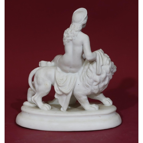 105 - A Parian classical group of half naked lady seated upon a lion, on oblong base, 18cm high