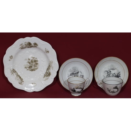 110 - 2 19th Century black and white cups and saucers with horse decoration (1 saucer cracked) and another... 