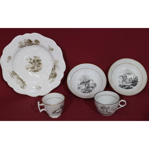 110 - 2 19th Century black and white cups and saucers with horse decoration (1 saucer cracked) and another... 