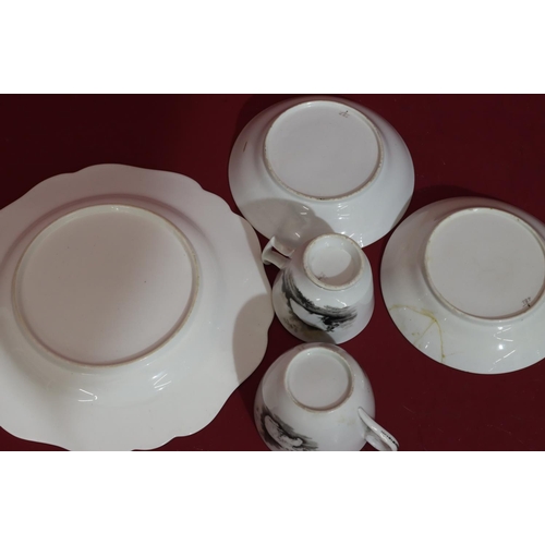 110 - 2 19th Century black and white cups and saucers with horse decoration (1 saucer cracked) and another... 