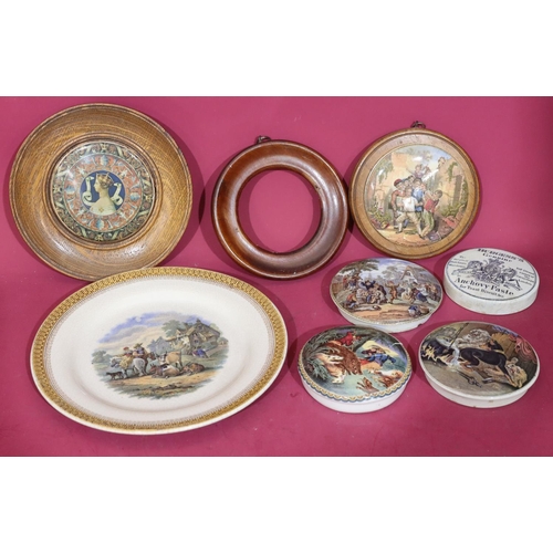 112 - 4 19th Century round pot lids (1 with frame), 2 other pot lids (1 framed), 1 odd frame and a Prattwa... 