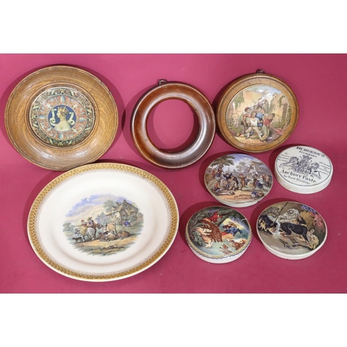 112 - 4 19th Century round pot lids (1 with frame), 2 other pot lids (1 framed), 1 odd frame and a Prattwa... 