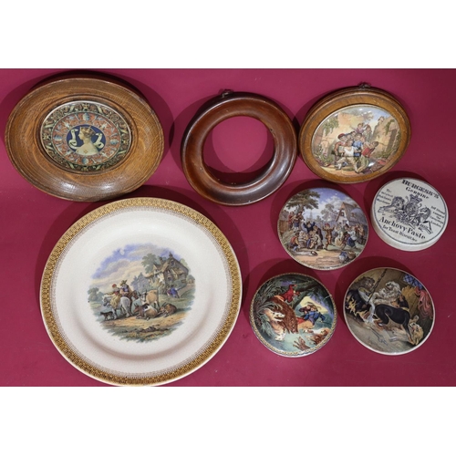 112 - 4 19th Century round pot lids (1 with frame), 2 other pot lids (1 framed), 1 odd frame and a Prattwa... 