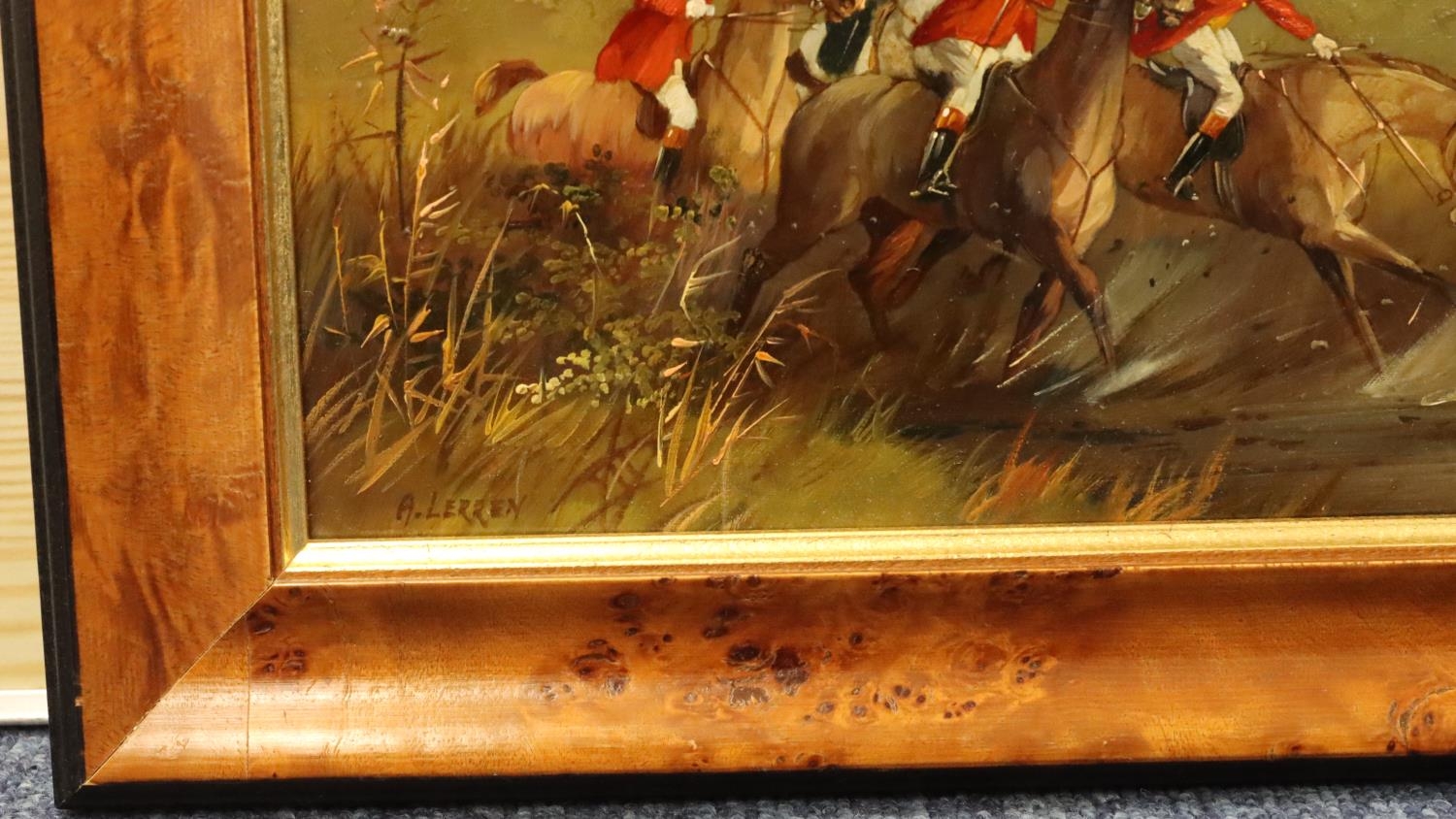 A Lerren, oil on board hunting scene, signed, 19cm x 38.5cm, in walnut ...