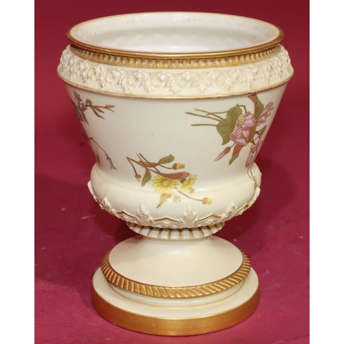 19 - A Royal Worcester Blush round bulbous jardiniere with multi-coloured floral, leaf and gilt decoratio... 