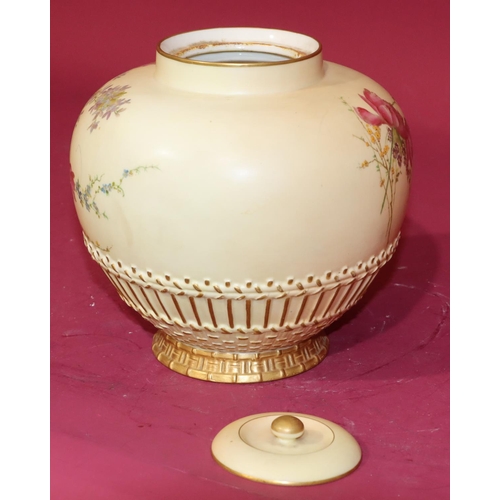 20 - A Royal Worcester Blush round bulbous thin necked lidded jar with multi-coloured floral, leaf and gi... 