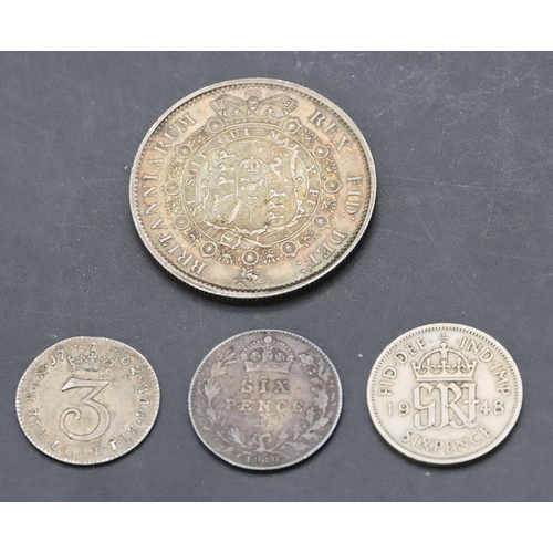 362 - A George III silver Shilling, 1817, 2 other silver coins and a later Sixpence (Shilling 14.2 grams) ... 