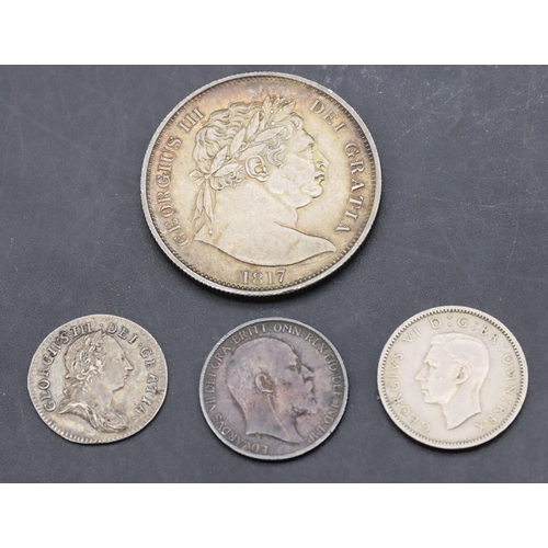 362 - A George III silver Shilling, 1817, 2 other silver coins and a later Sixpence (Shilling 14.2 grams) ... 