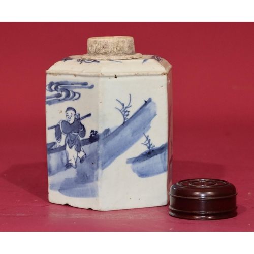 5 - A 19th Century Chinese hexagonal tea caddy on blue and white ground depicting figure on horseback in... 