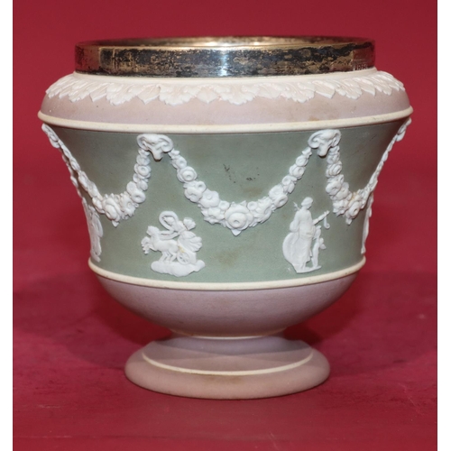 64 - A Wedgwood Jasperware round bulbous shaped sugar bowl with Mappin & Webb silver plated rim on puce a... 