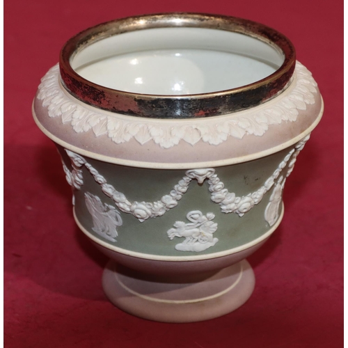 64 - A Wedgwood Jasperware round bulbous shaped sugar bowl with Mappin & Webb silver plated rim on puce a... 