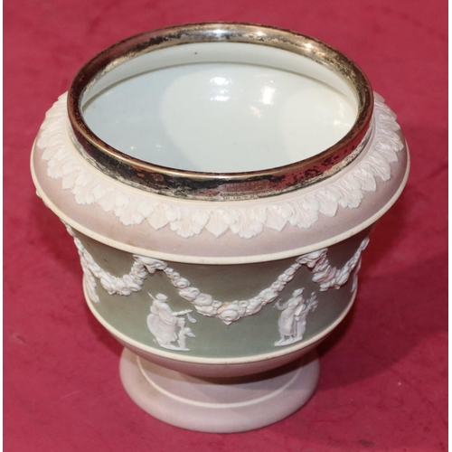 64 - A Wedgwood Jasperware round bulbous shaped sugar bowl with Mappin & Webb silver plated rim on puce a... 