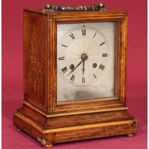 676 - A 19th Century walnut timepiece with allover inlaid stringing and scroll decoration, silvered dial w... 