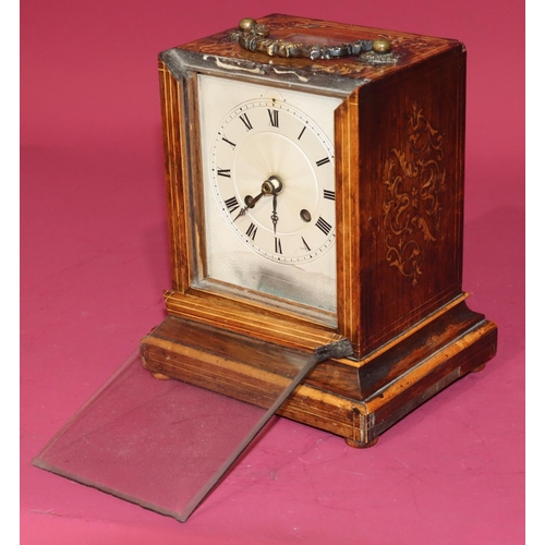 676 - A 19th Century walnut timepiece with allover inlaid stringing and scroll decoration, silvered dial w... 