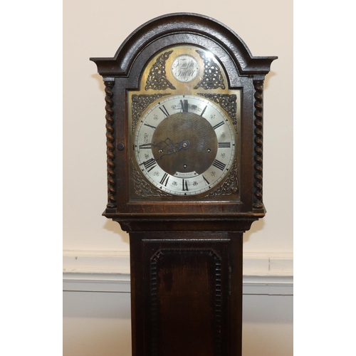 678 - Kendal & Dent, London 1920's oak Grandmother clock with barley twist supports, arched brass dial wit... 