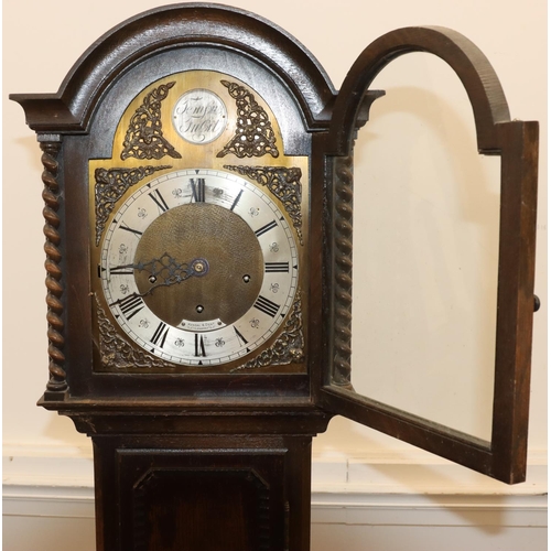 678 - Kendal & Dent, London 1920's oak Grandmother clock with barley twist supports, arched brass dial wit... 