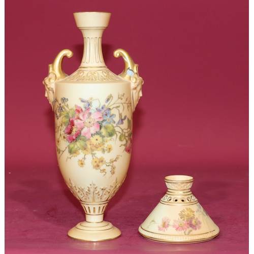 68 - A Royal Worcester Blush round bulbous 2-handled thin necked trumpet shaped vase with multi-coloured ... 