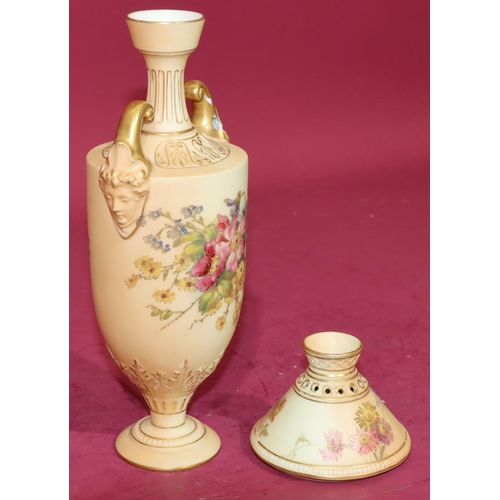 68 - A Royal Worcester Blush round bulbous 2-handled thin necked trumpet shaped vase with multi-coloured ... 