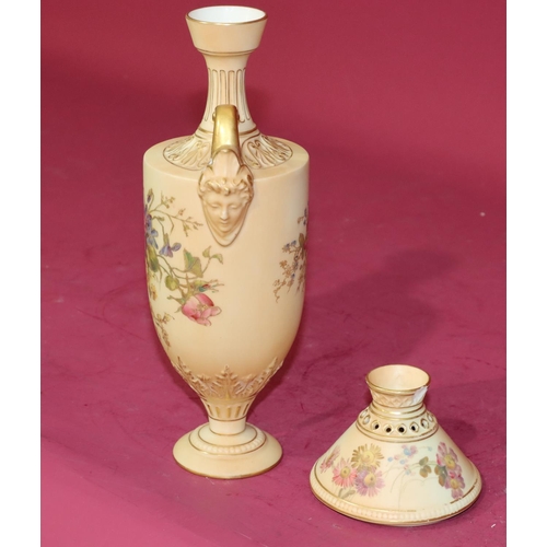 68 - A Royal Worcester Blush round bulbous 2-handled thin necked trumpet shaped vase with multi-coloured ... 