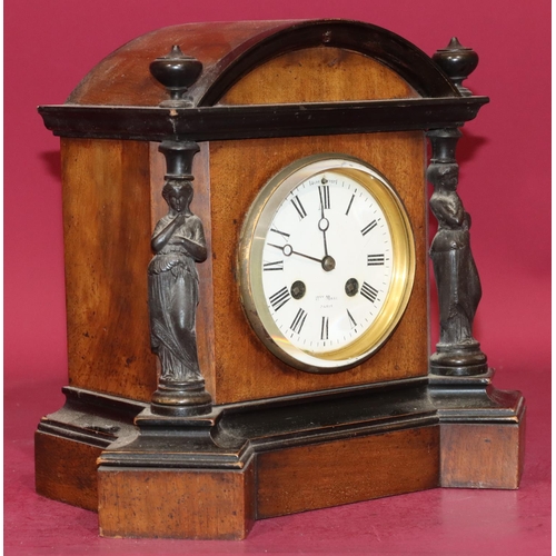 681 - Henry Marc, Paris, walnut and ebonised 8-day striking mantel clock with figure columns, white enamel... 