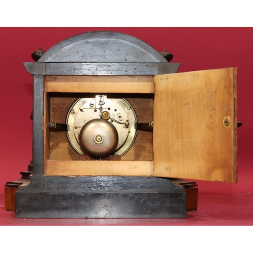 681 - Henry Marc, Paris, walnut and ebonised 8-day striking mantel clock with figure columns, white enamel... 