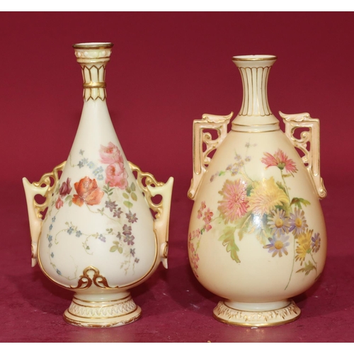 69 - A Royal Worcester blush round bulbous 2-handled trumpet shaped vase with multi-coloured floral, leaf... 