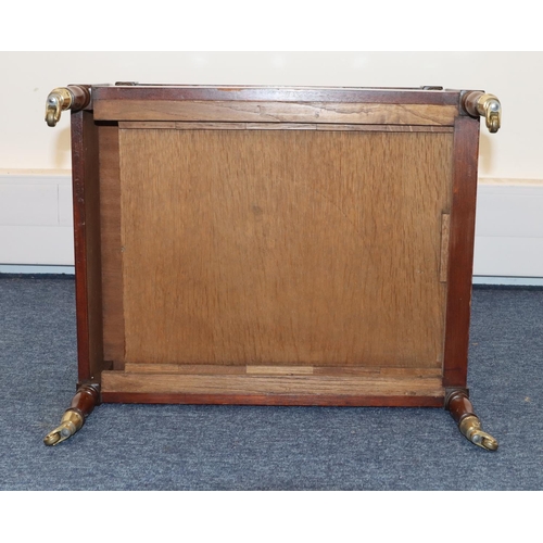 690 - A reproduction mahogany 4-sectioned Canterbury with 1 end drawer and drop handles, on turned legs wi... 