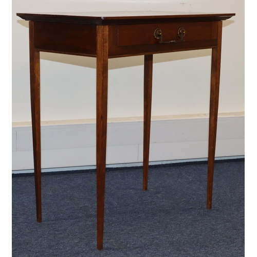 692 - An Edwardian mahogany rectangular shaped side table with 1 long drawer and drop brass handle, on squ... 