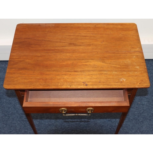 692 - An Edwardian mahogany rectangular shaped side table with 1 long drawer and drop brass handle, on squ... 