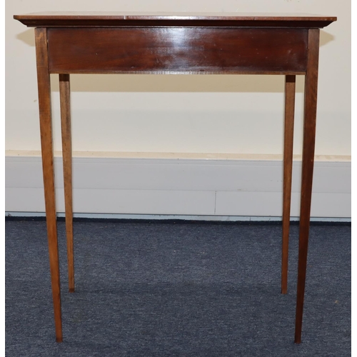 692 - An Edwardian mahogany rectangular shaped side table with 1 long drawer and drop brass handle, on squ... 