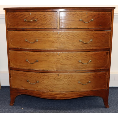 695 - A large Edwardian mahogany bow fronted chest of drawers with allover inlaid banding and stringing, 2... 