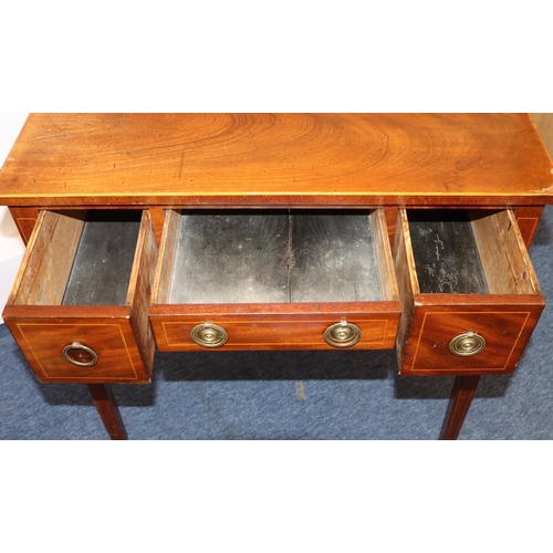 698 - A 19th Century mahogany lowboy with inlaid stringing, centre drawer above arch kneehole, flanked by ... 