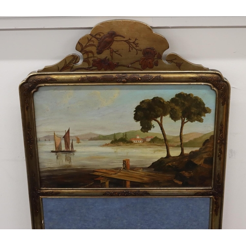 700 - A gilt hanging bevelled wall mirror with painted panel depicting sailing boats with buildings on opp... 