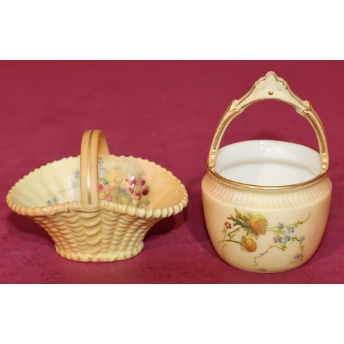 71 - A Royal Worcester Blush miniature pale with fixed overhead handle and multi-coloured floral, leaf an... 