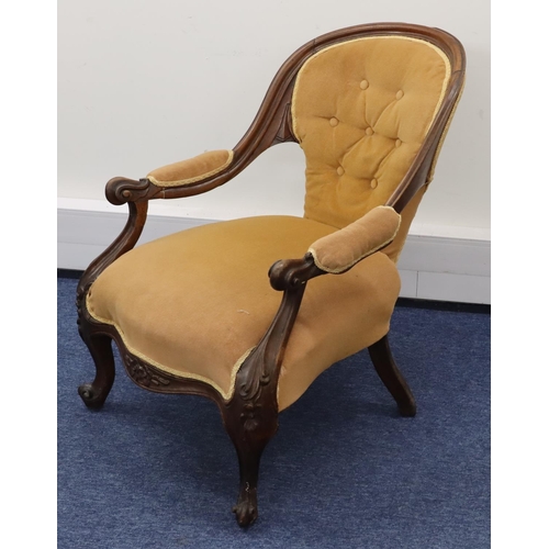 710 - A 19th Century walnut spoon back armchair with beige velvet overstuffed seat, button back and padded... 