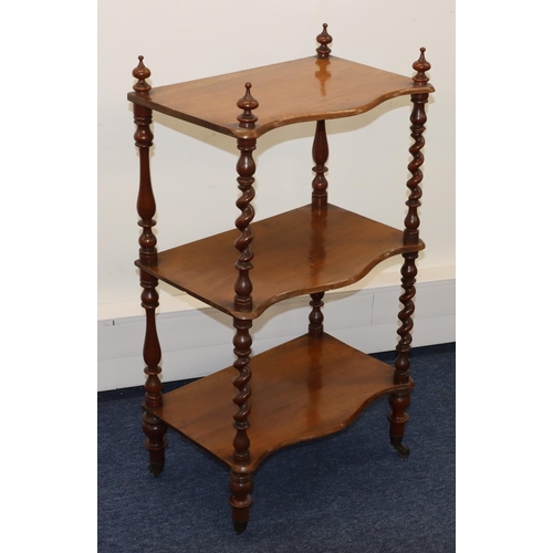 715 - A 19th Century 3-tier Serpentine fronted whatnot with barley twist supports, turned legs on brass to... 