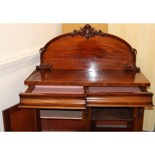 716 - A 19th Century mahogany chiffonier with arched back and raised shell and scroll mounts, 2 drawers ab... 