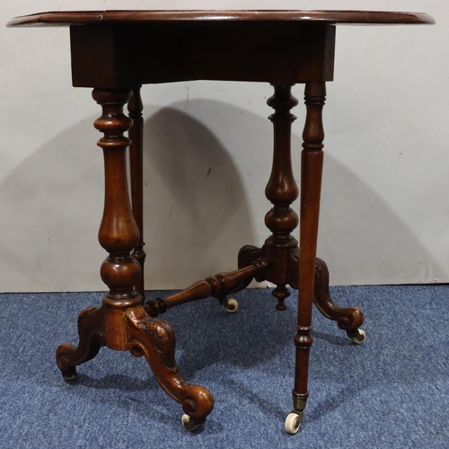 719 - A Victorian burr walnut small oval Sutherland table with part inlaid stringing, on turned stem with ... 