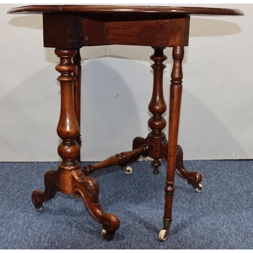 719 - A Victorian burr walnut small oval Sutherland table with part inlaid stringing, on turned stem with ... 