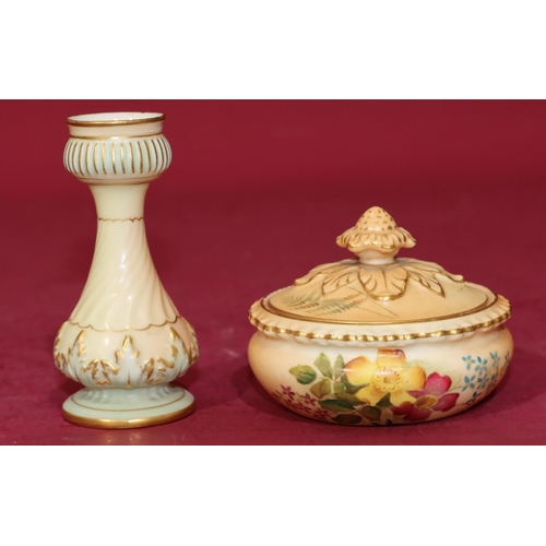 73 - A Royal Worcester Blush round bulbous shaped lidded pot with multi-coloured floral, leaf and gilt de... 