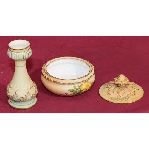 73 - A Royal Worcester Blush round bulbous shaped lidded pot with multi-coloured floral, leaf and gilt de... 